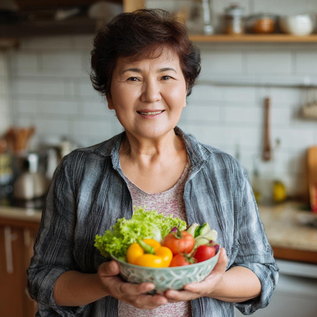 Счастливая семья из Казахстана готовит здоровую еду на современной кухне, улыбаясь и наслаждаясь процессом приготовления питательных блюд