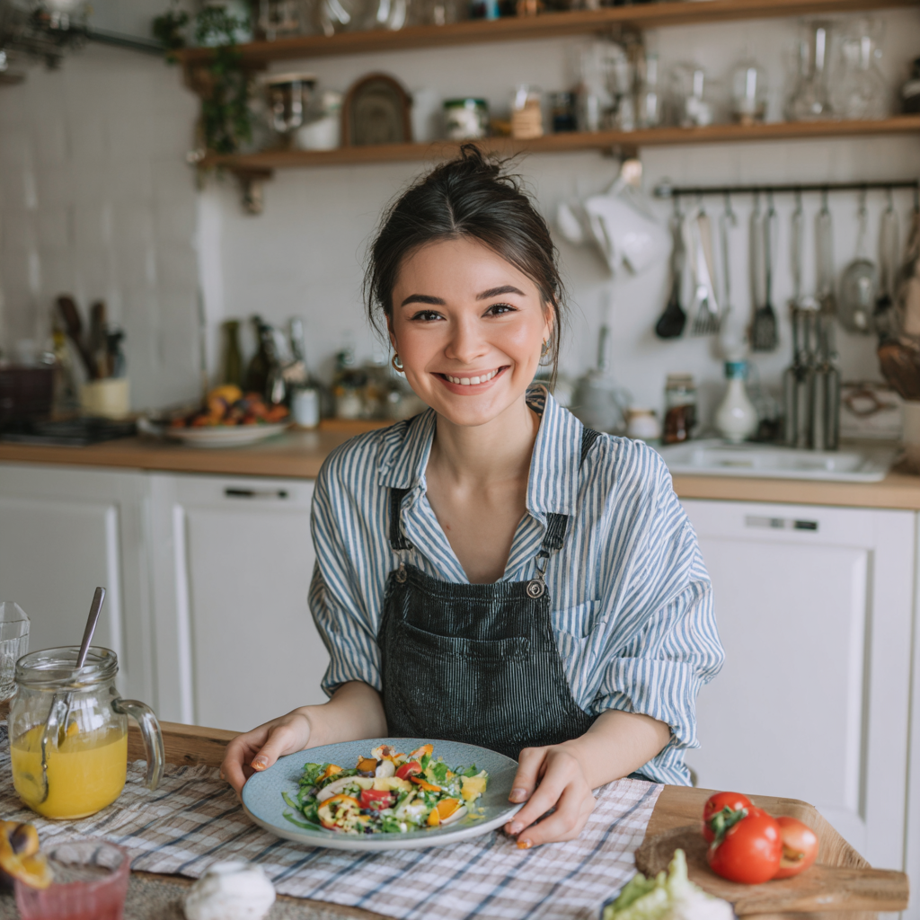 Женщина казахской национальности средних лет улыбается, держа в руках красочную тарелку с разнообразными свежими овощами и фруктами